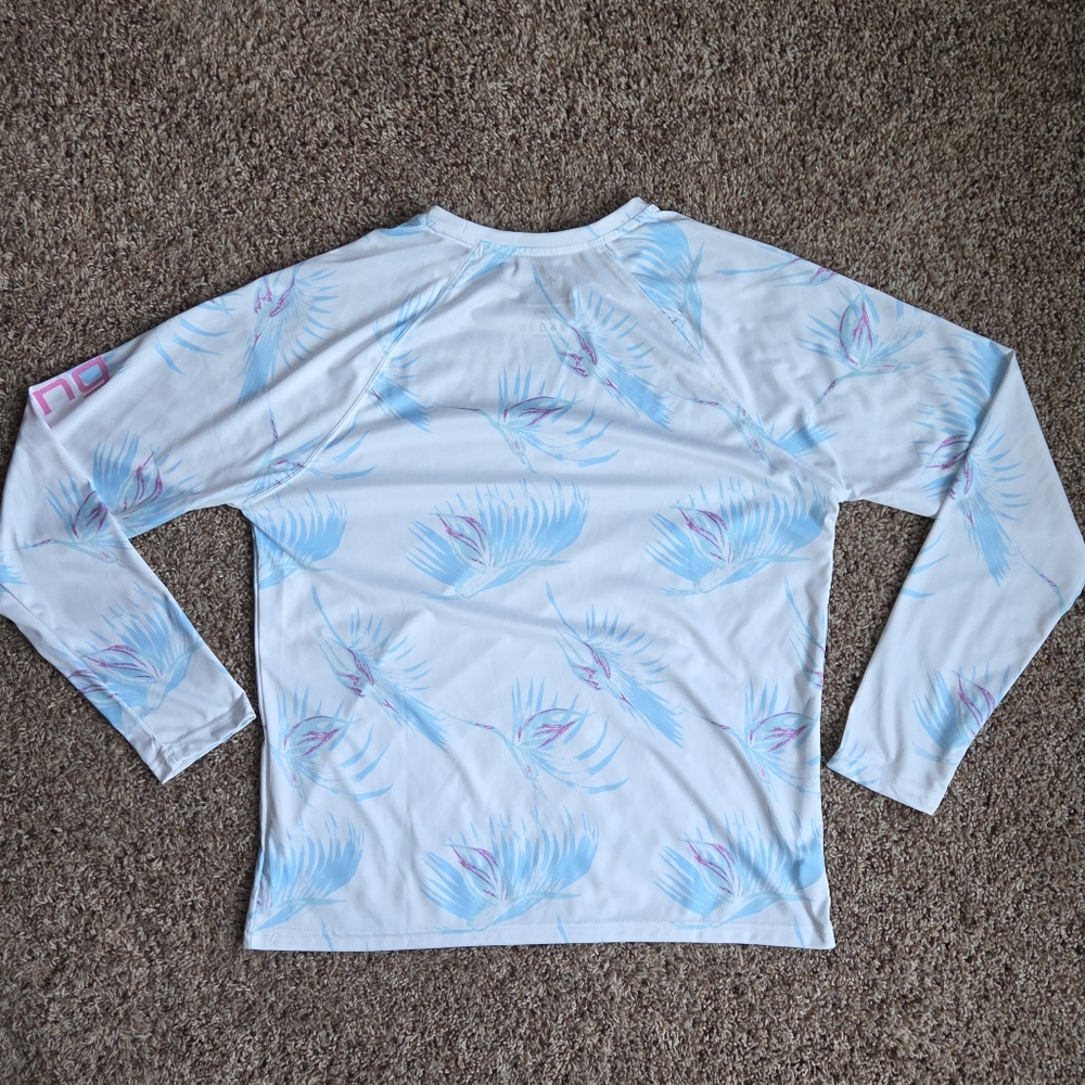 Huk Fishing Shirt Women Large Pursuit Boca Palm Long Sleeve UPF 50+ White Blue - Picture 2 of 6